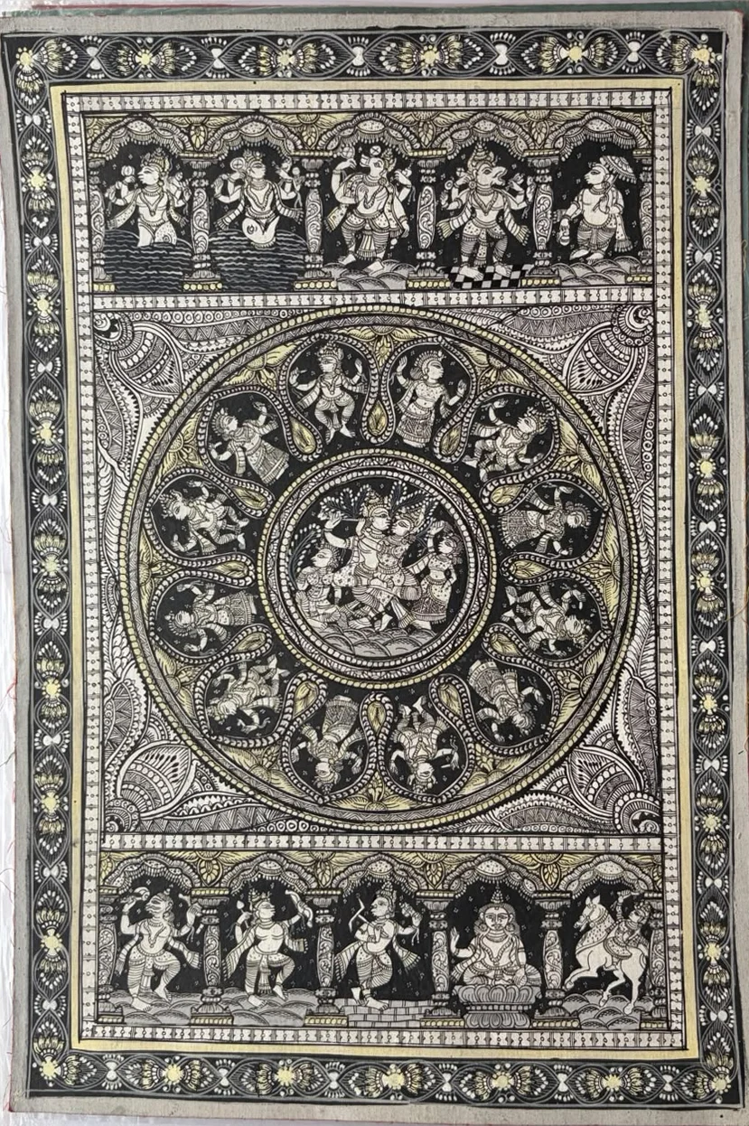 Six-Armed Form - Ivory Medallion - Pattachitra-style painting
