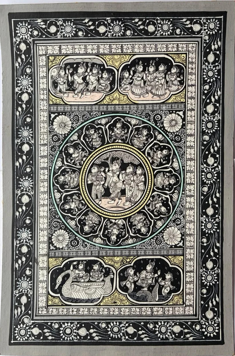 Krishna and the Shelter Medallion - Pattachitra-style painting