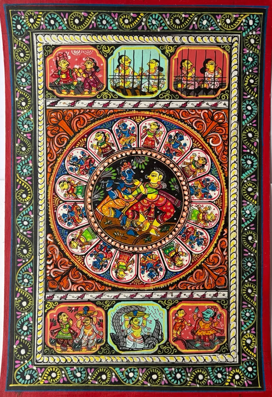 Krishna Leela - Orange Medallion - Pattachitra-style painting
