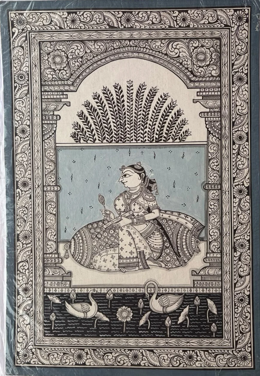 The Letter Writer - Lotus Pond - Pattachitra-style painting