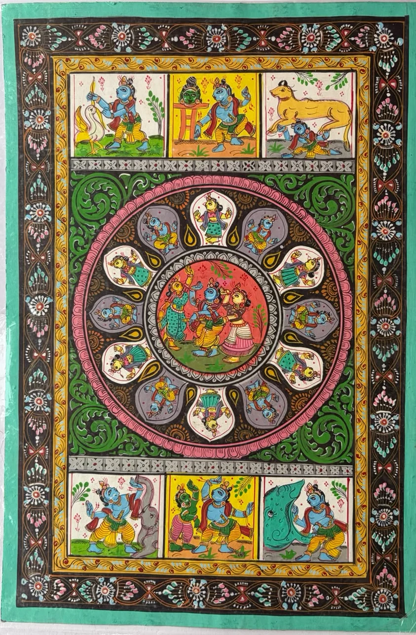 Krishna Leela - Green Medallion - Pattachitra-style painting