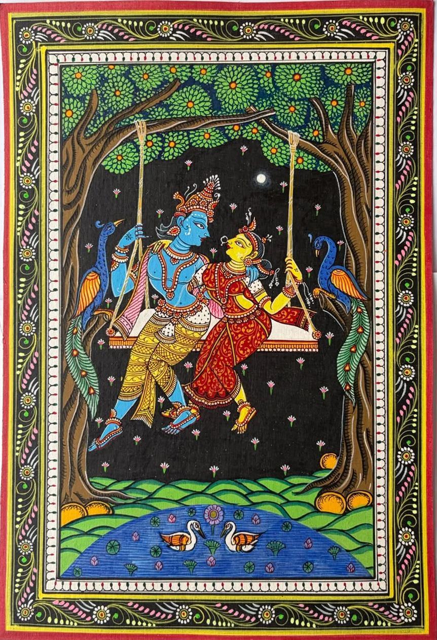 Radha - Krishna - Garden Swing - Pattachitra-style painting