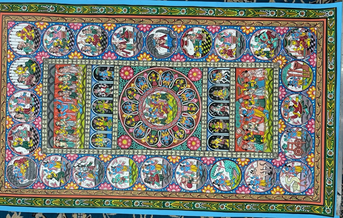 Krishna Leela - Gathering Circle - Pattachitra-style painting