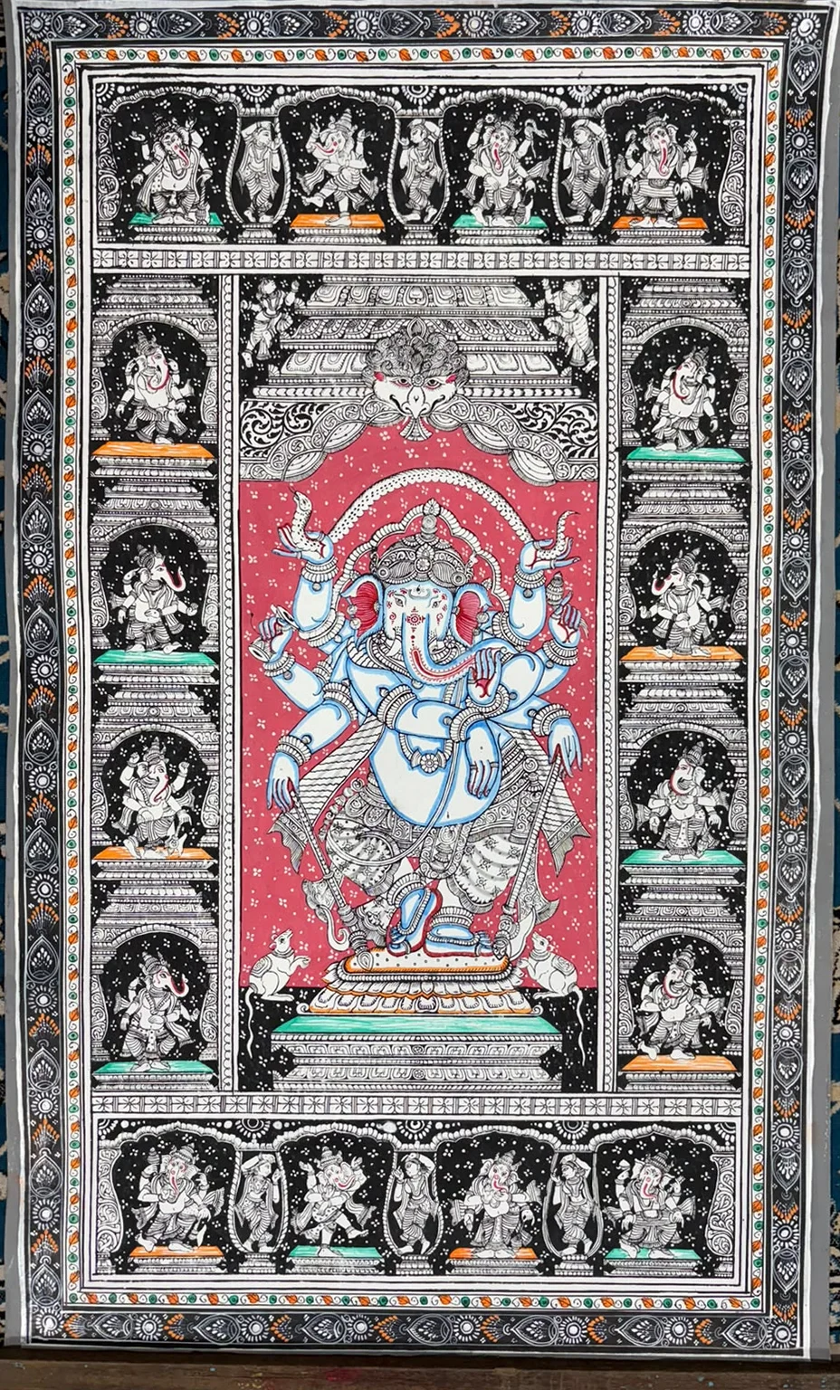 Dancing Ganesha - Red Shrine - Pattachitra-style painting